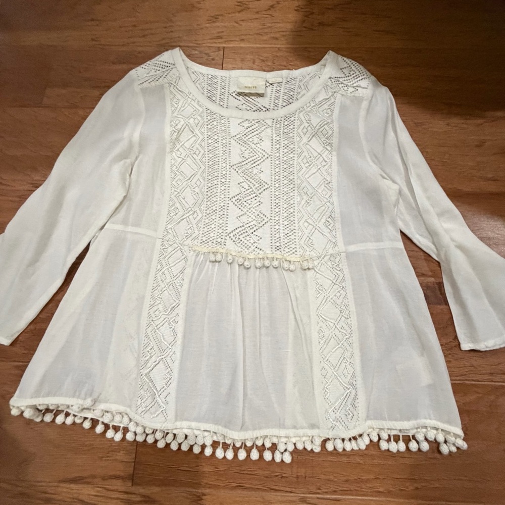 Anthropologie Maeve Bohemian Sz 12 white bead lace ball trim 3/4 sleeves top